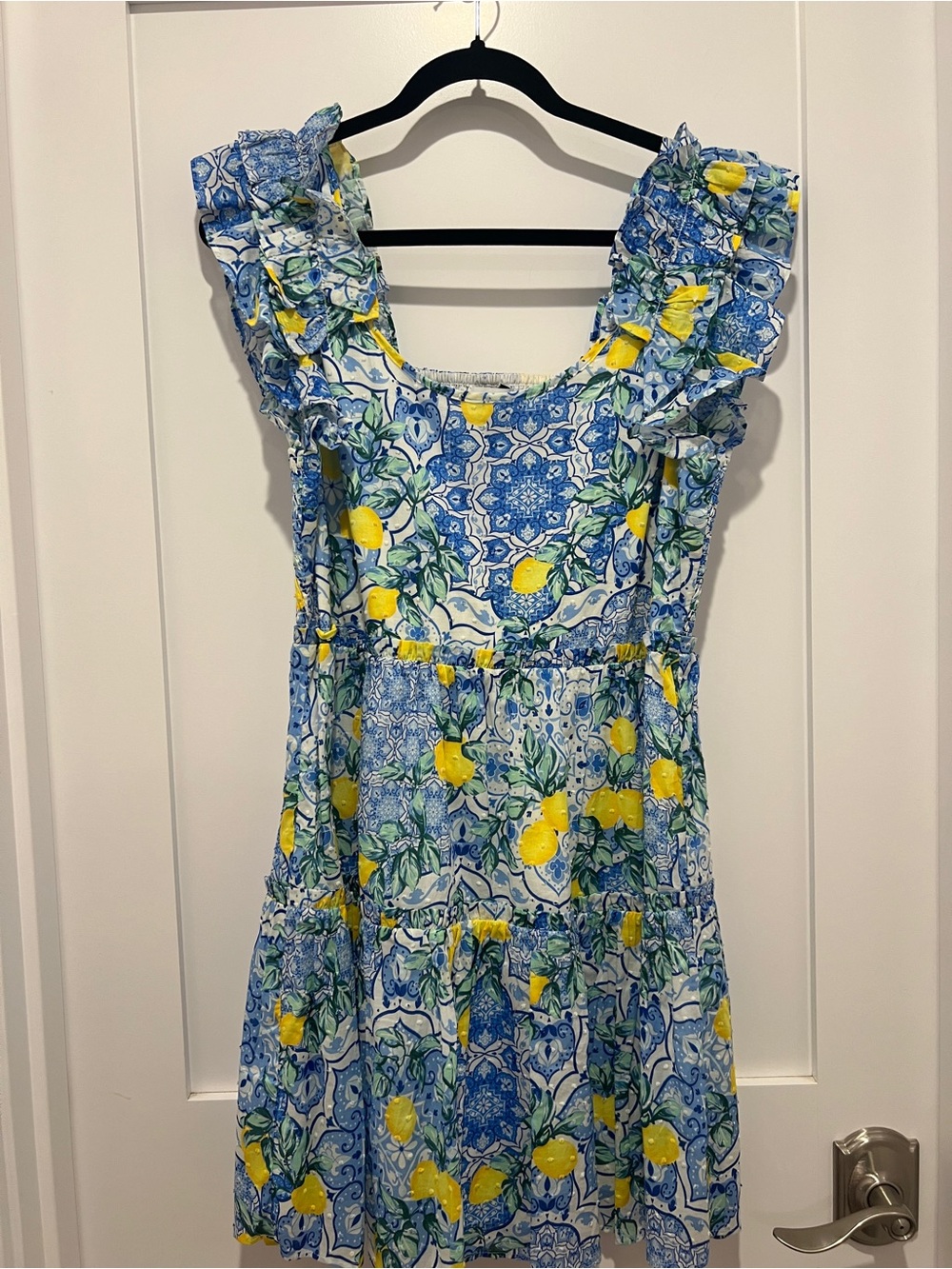 Alden Adair Blue & Yellow Lemon Print Ruffle Sleeve Summer Dress